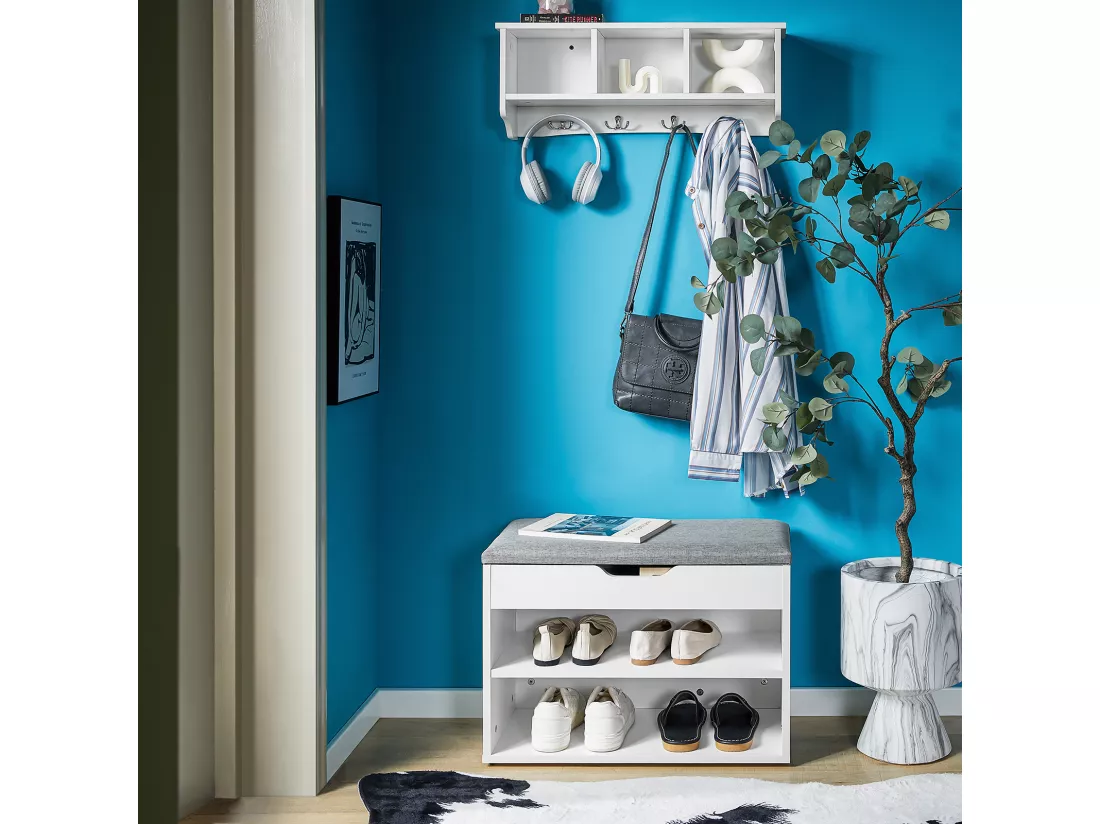 Banc de Rangement à chaussures 2 étages avec Grise coussin Commode à Chaussures blanc, FSR25-HG