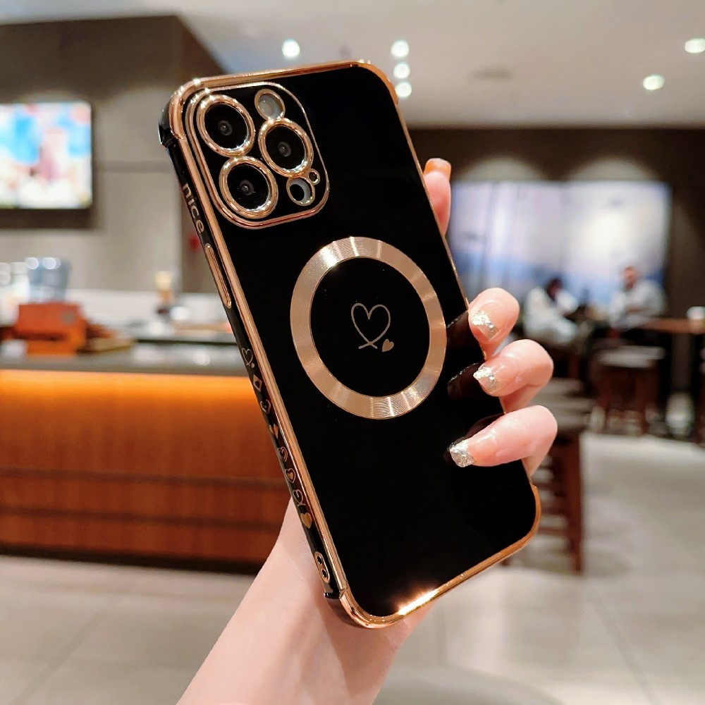 iPhone 16 Pro MagSafe Gummi Case Hülle Galvanisierter Rahmen   Kameraglasschutz - Schwarz / Gold