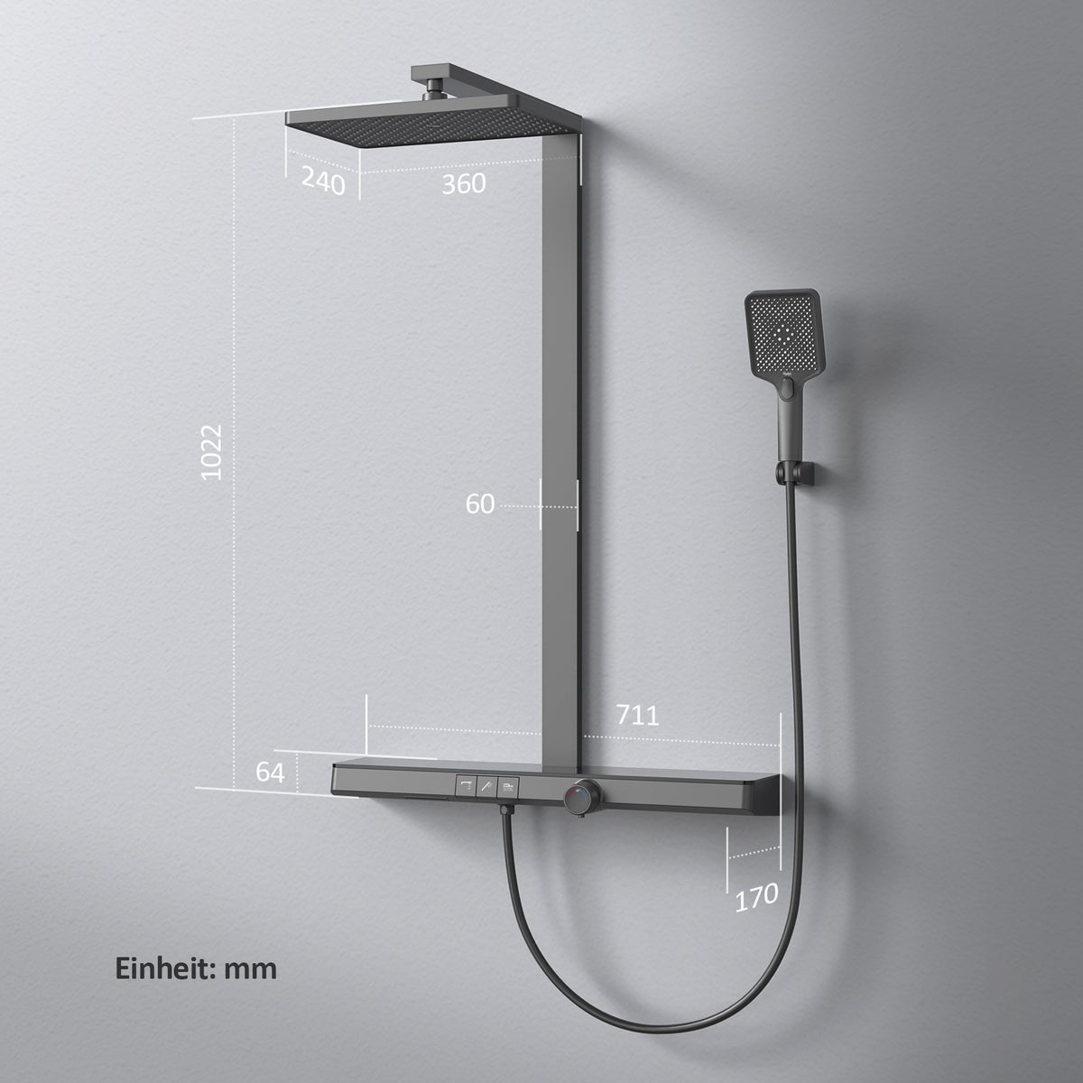 EMKE Douchesysteem Design Doucheset met Thermostaat 38°C, Regendouche, Watervaluitloop, 3 Straalsoorten, Handdouche, Grote Plank, KTW Gecertificeerd, Mat Zwart