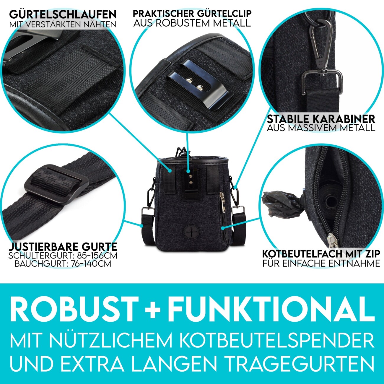HUND IST KÖNIG ® Premium Leckerlibeutel für Hunde | Robuster Futterbeutel Hunde mit viel Stauraum schwarz
