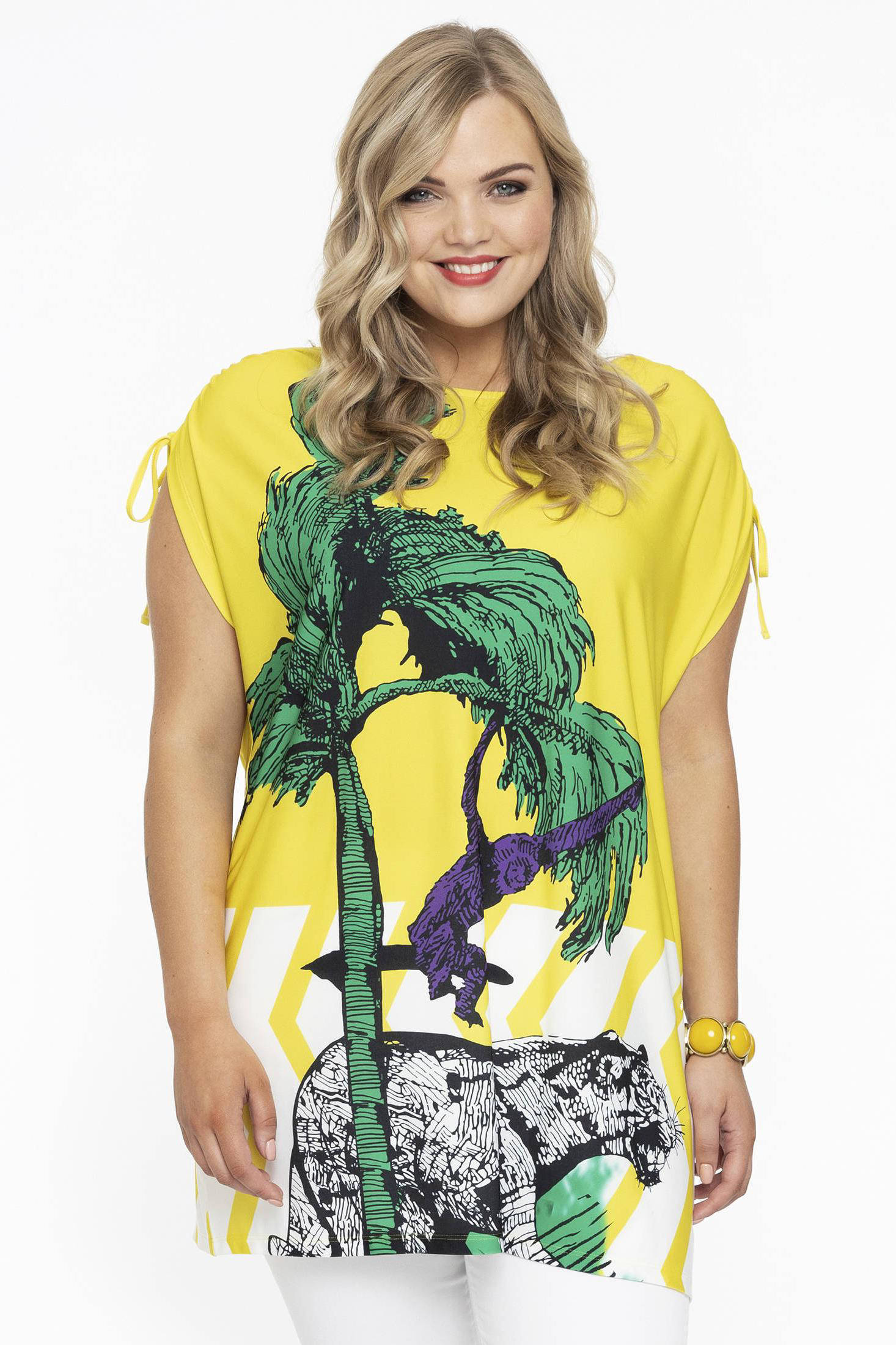 YOEK tuniek van travelstof DOLCE met all over print geel/groen/wit