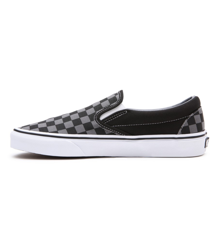 Tênis Vans Classic Slip-On, preto e cinza.