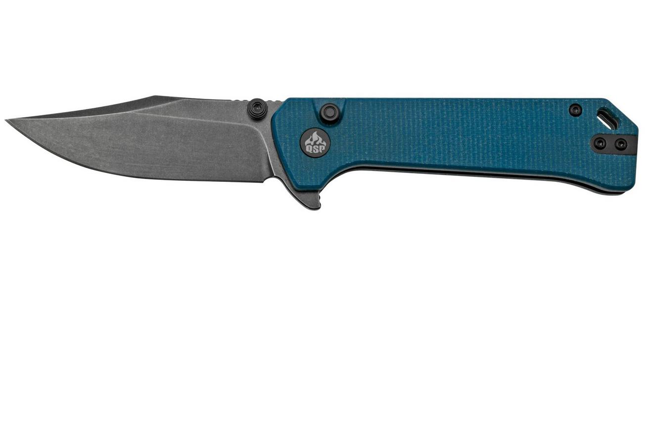 QSP Grebe QS147-B2, 14C28N zwart Clippoint blauw Micarta, zakmes
