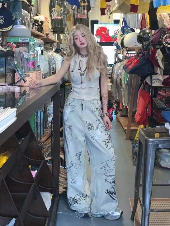 Coline - Lage taille grafische print gewassen wijde jeans