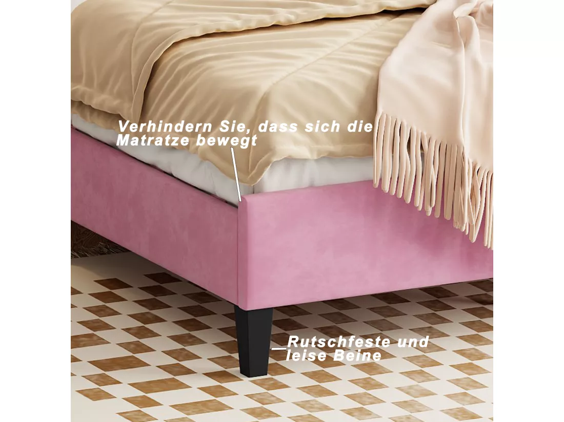 Lit coquillage avec tête de lit 90 x 200 cm en velours, sommier à lattes inclus, rose