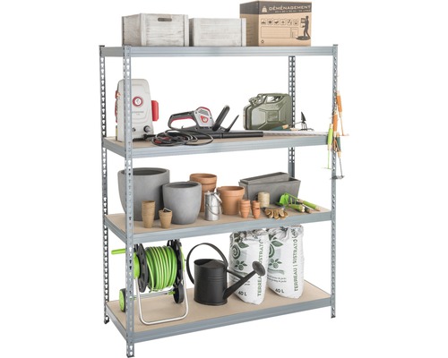 Robuuste stellingkast Robus 350, gegalvaniseerd, 190x150x60 cm, 4 houten legborden, draagvermogen 1400 kg