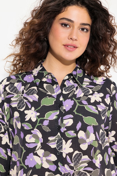 Longbluse, Blüten, A-Linie, Hemdkragen, Langarm