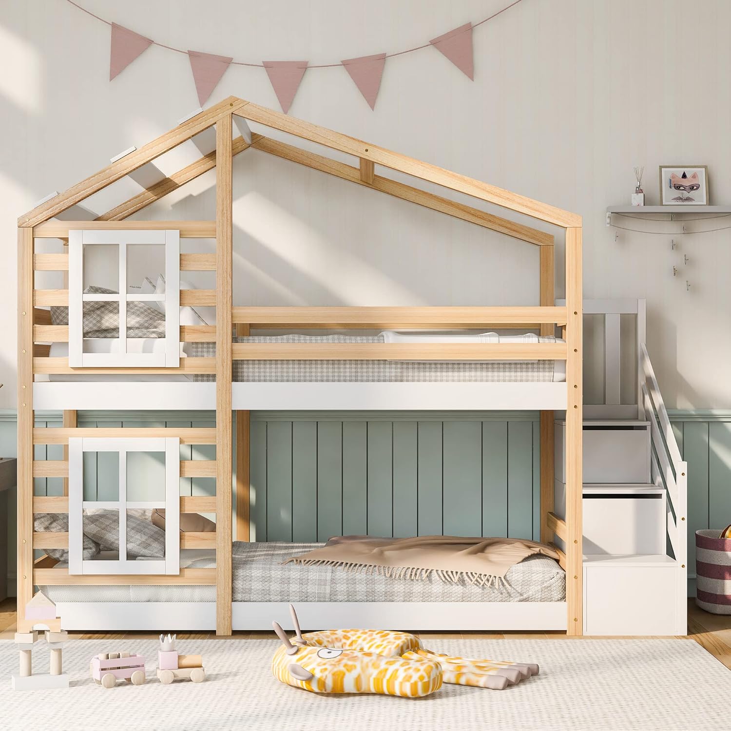 Kinderbett Baumhaus 90×200 cm EN747-1 (Natur/Weiß, Fensterdesign & Stauraum)，Sicheres Etagenbett mit Rausfallschutz & 2x Lattenrost – Platzsparendes Spielbett für kreatives Schlafzimmer，Ohne Matratze VM7696769