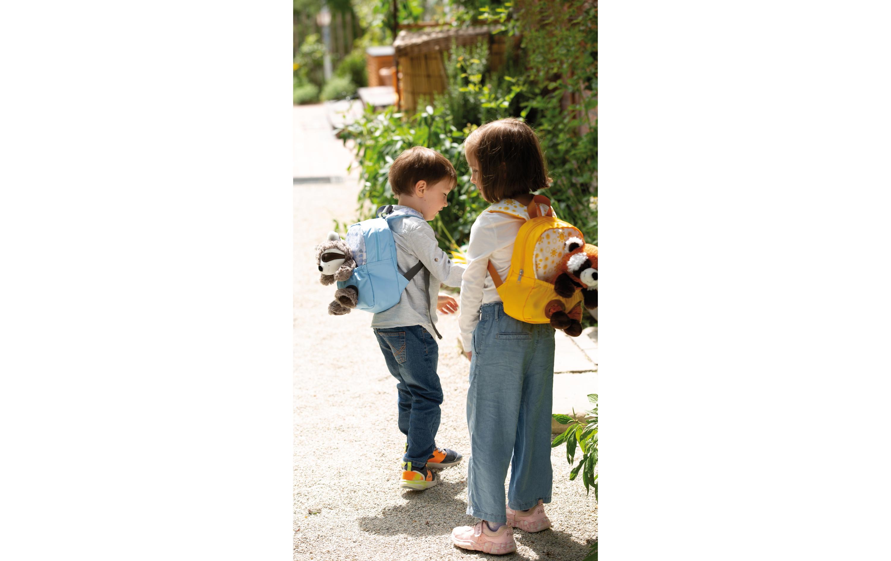 Rucksack hellblau mit WaschbärKindergartenrucksack mit flauschigem Plüsch
