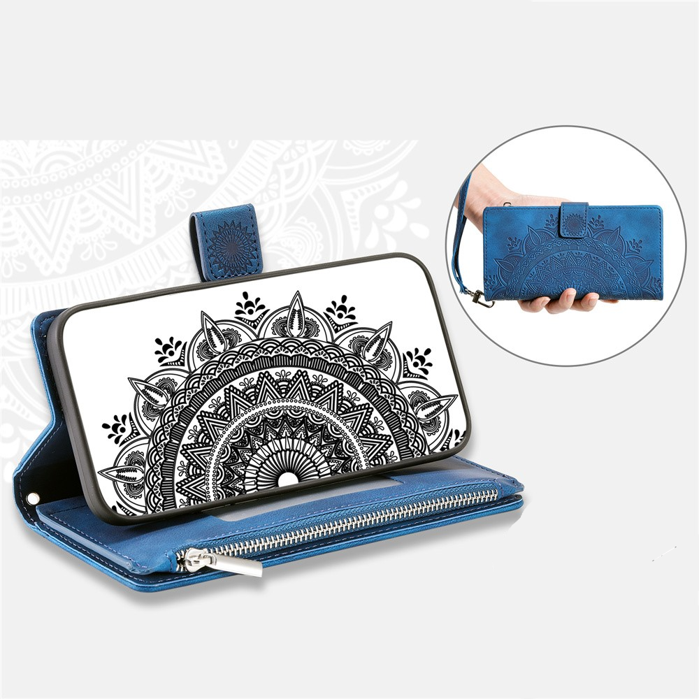 Samsung Galaxy A55 Leder Tasche Flip Cover mit Reissverschluss - Mandala Flowers Imprint - Blau