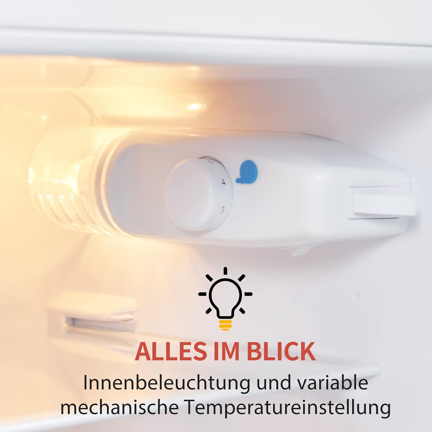 Retro-Kühlschrank. Kühl-Gefrier-Kombination, 105.5 cm hoch, 41 cm breit, zweitürig, mit 92 Liter Gesamtvolumen, 28 Liter Gefriervolumen. Türregale und Glasregale. 181 kWh/Jahr,