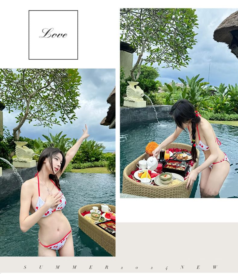 Hipper - Halter kersenprint bikinitop / broekje / cover-up rok / set