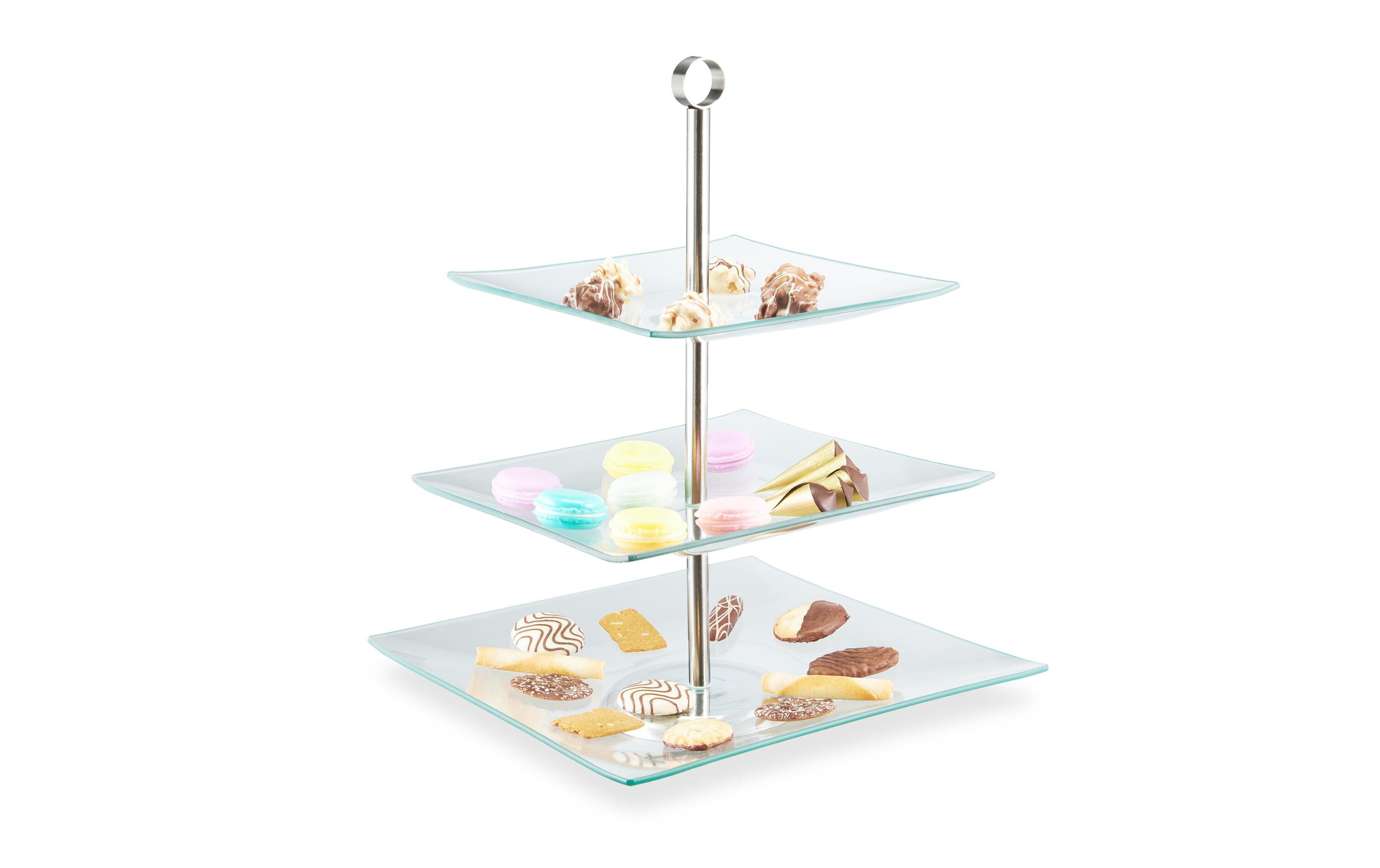 Etagere eckig, 3-stufig, Silber/TransparentServierständer aus Glas und Edelstahl