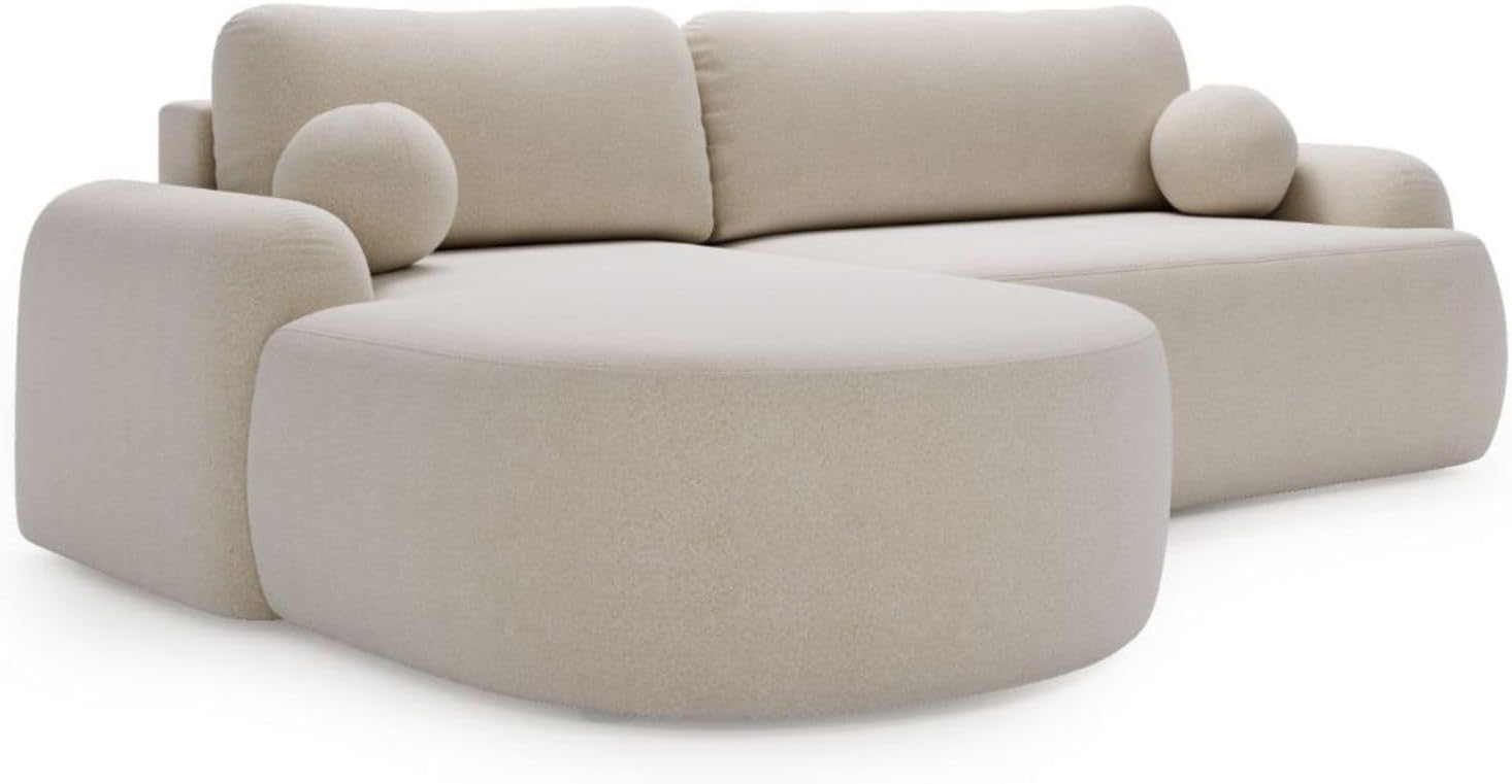GRAINGOLD Aurio Ecksofa mit Schlaffunktion & Bettkasten 261x177 cm, L-Form Sofa mit Stauraum, Schlafcouch für Wohnzimmer, Bouclé-Stoff, 3-Sitzer Eckcouch, Modernes Design (Creme, Links)