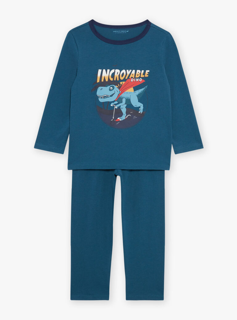 Pyjama deux pièces bleu canard en coton avec cape tête de dinosaure