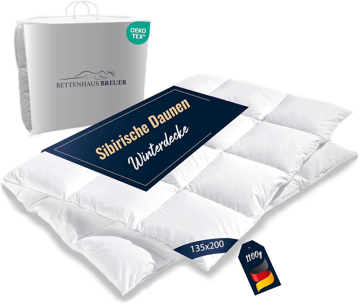 Bettdecke 135x200 | Daunendecke | Winterdecke | extra Warme Winterdaunendecke | 100% sibirische Daunen | Kassettenbettdecke Luxus | Daunenbettdecken | Oeko-TEX-Zertifiziert | 1100g