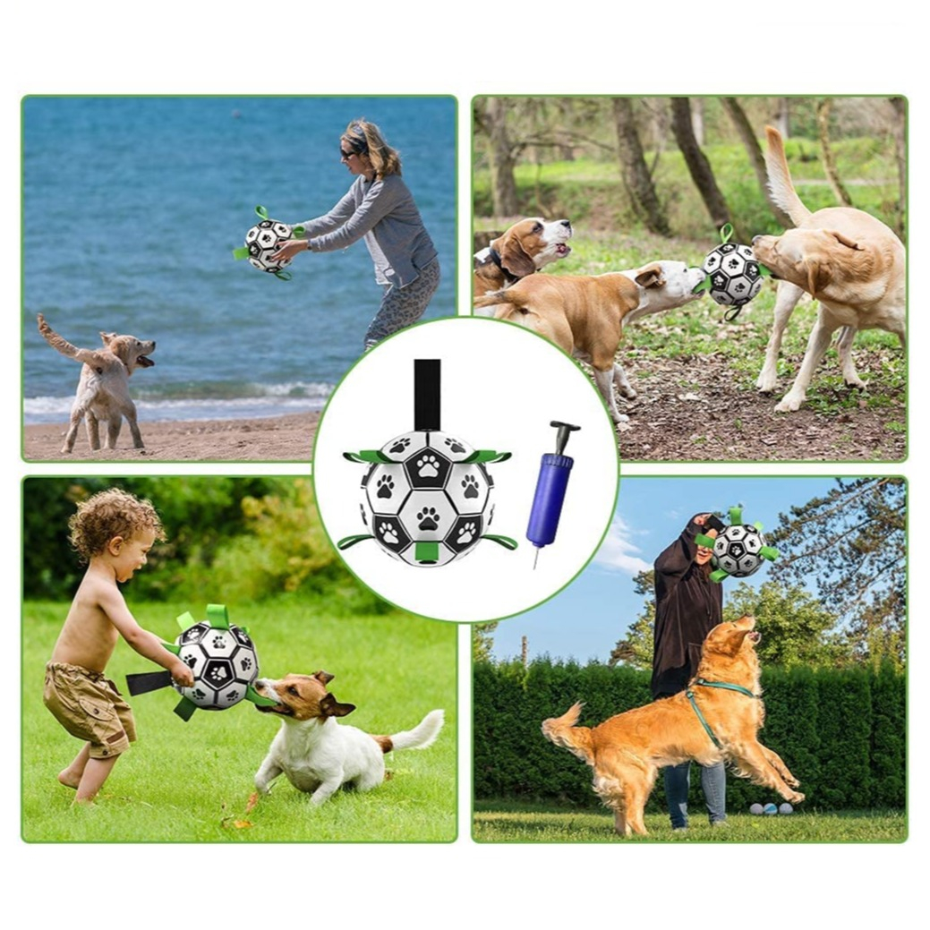 (Ø15cm) Interaktiver Hunde Ball Haustier Spielzeug Fussball mit Greiflaschen   Luftpumpe - Schwarz / Weiss / Grün