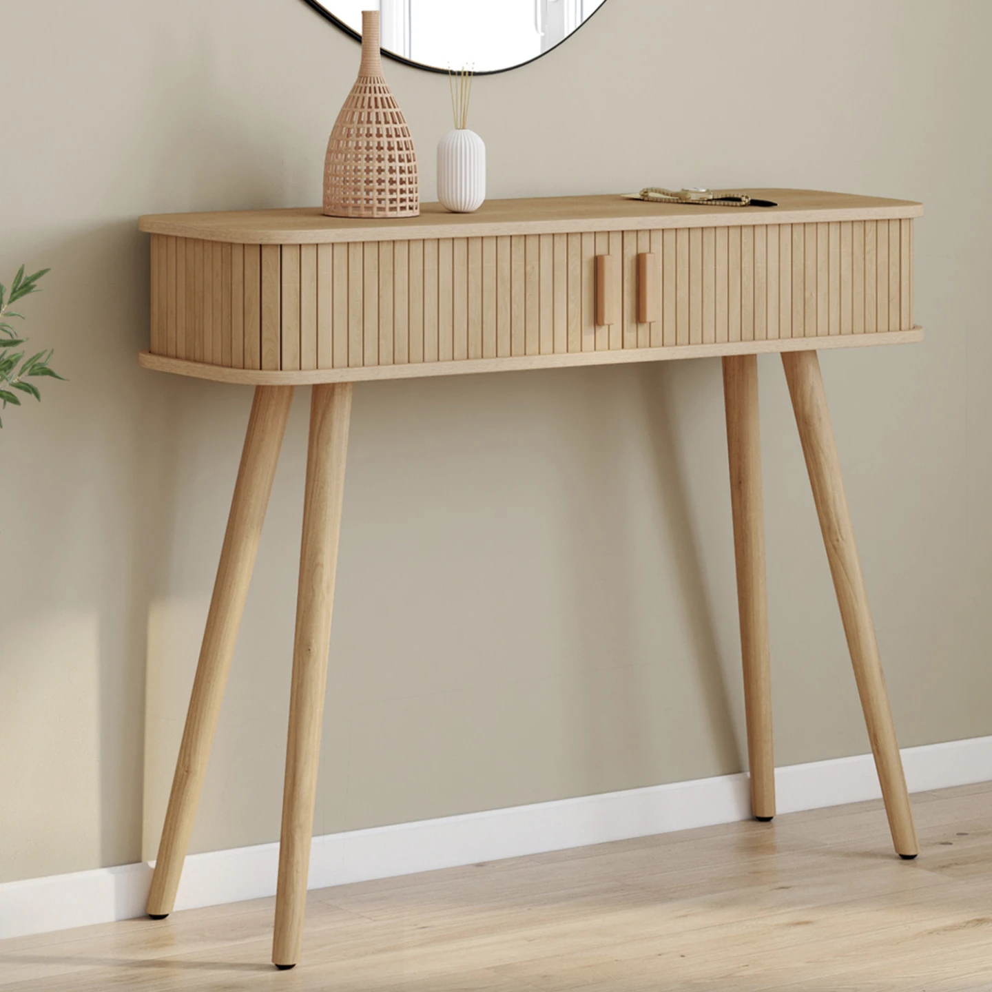 Console 2 portes coulissantes ROMIE lattes tasseau bois coloris chêne
