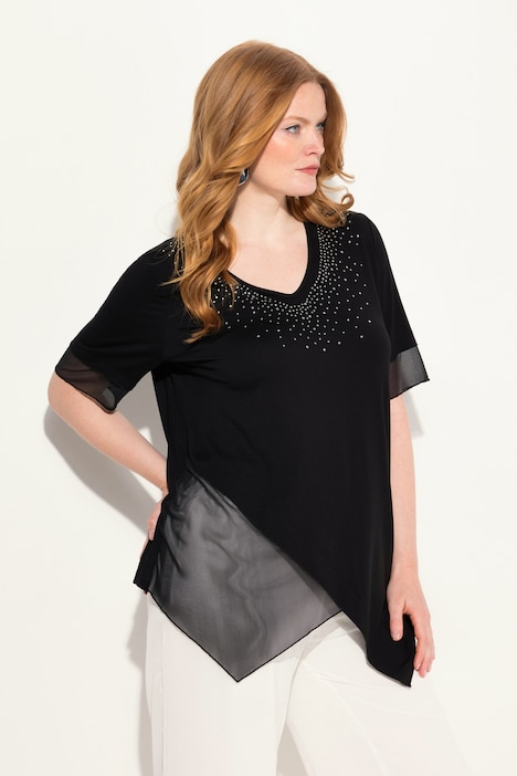 Bluse, Layering-Look, Mesh/Jersey, Zipfelsaum