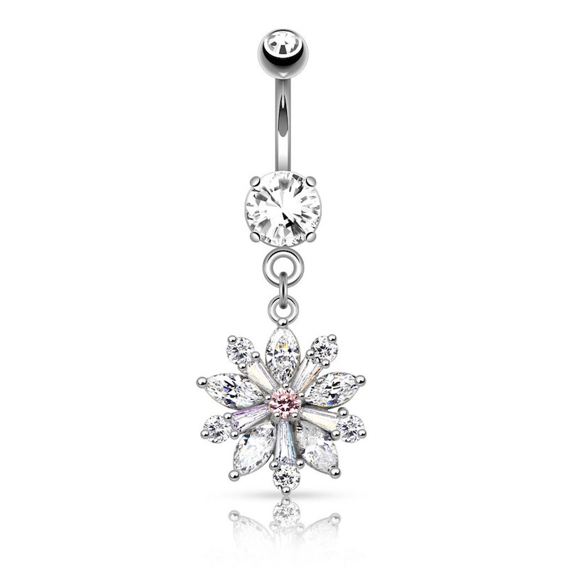 (10mm) 316L Chirurgenstahl Bauchnabelpiercing mit Gewindeverschluss Flower Anhänger - Silber