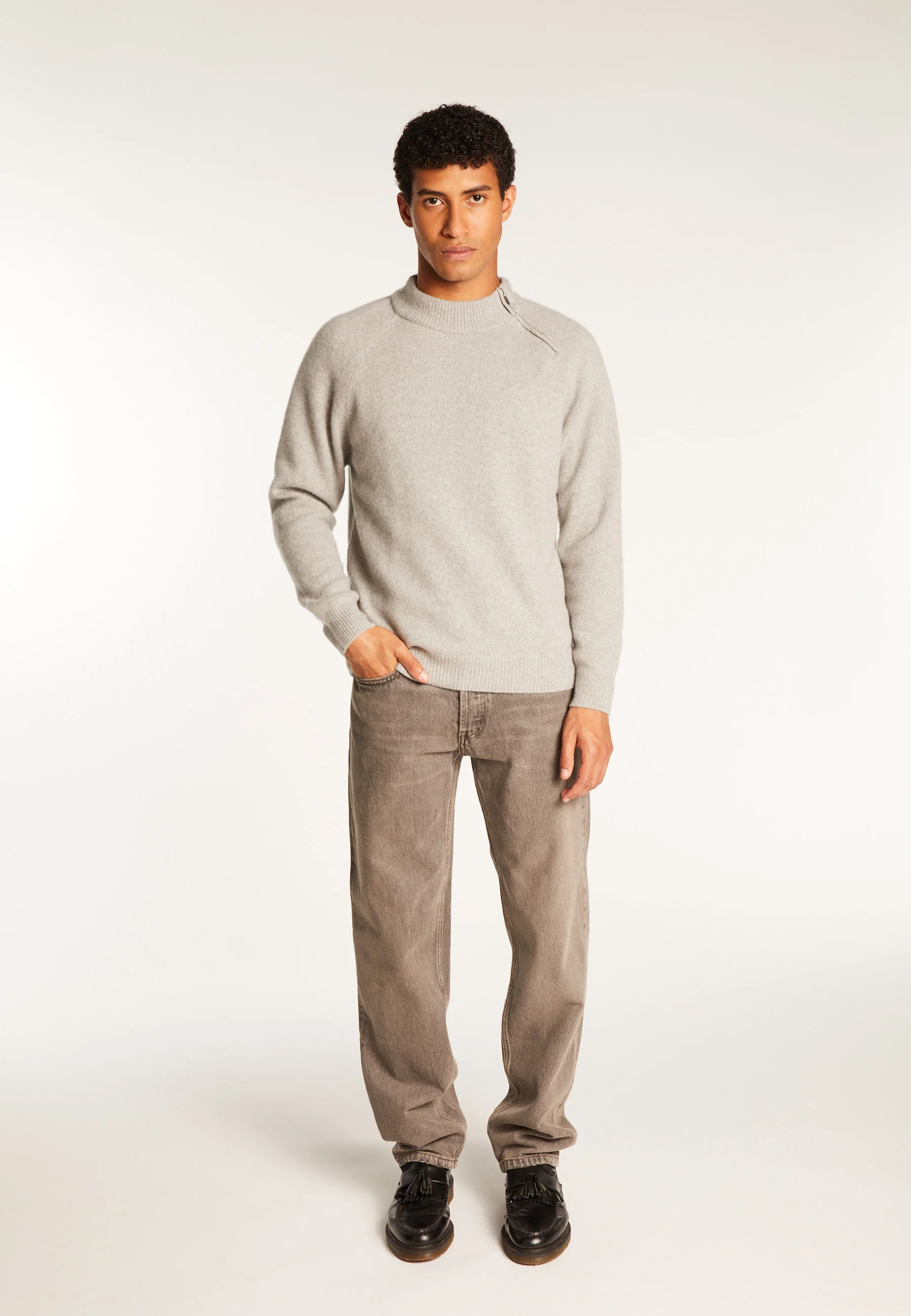 TIAM - Pull col rond zip épaule en cachemire mélangé | Gris