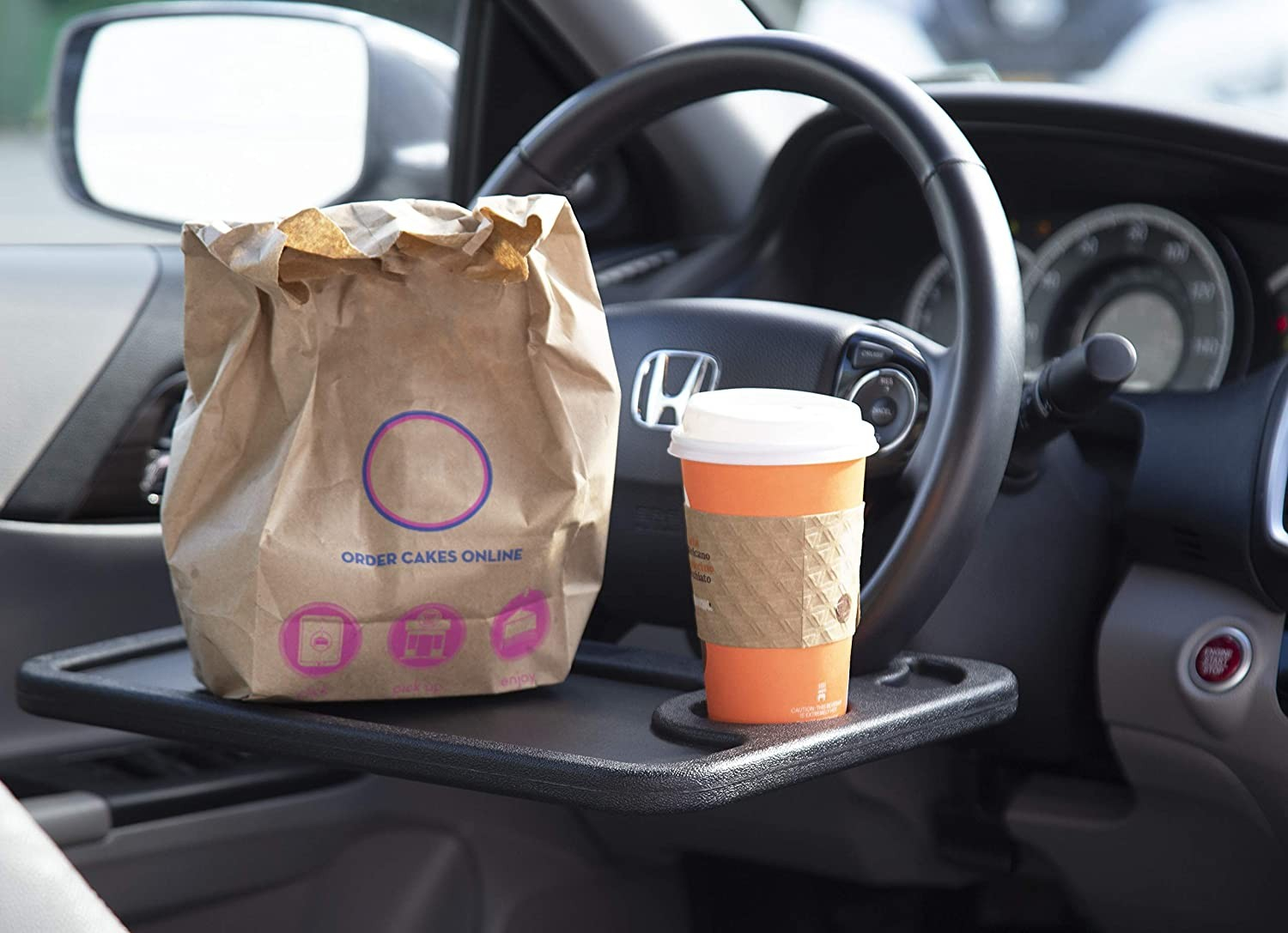 (42x28cm) Multifunktionaler Lenkrad Tisch Auto KFZ Ablage Reise Tisch mit Getränke Fach - Schwarz