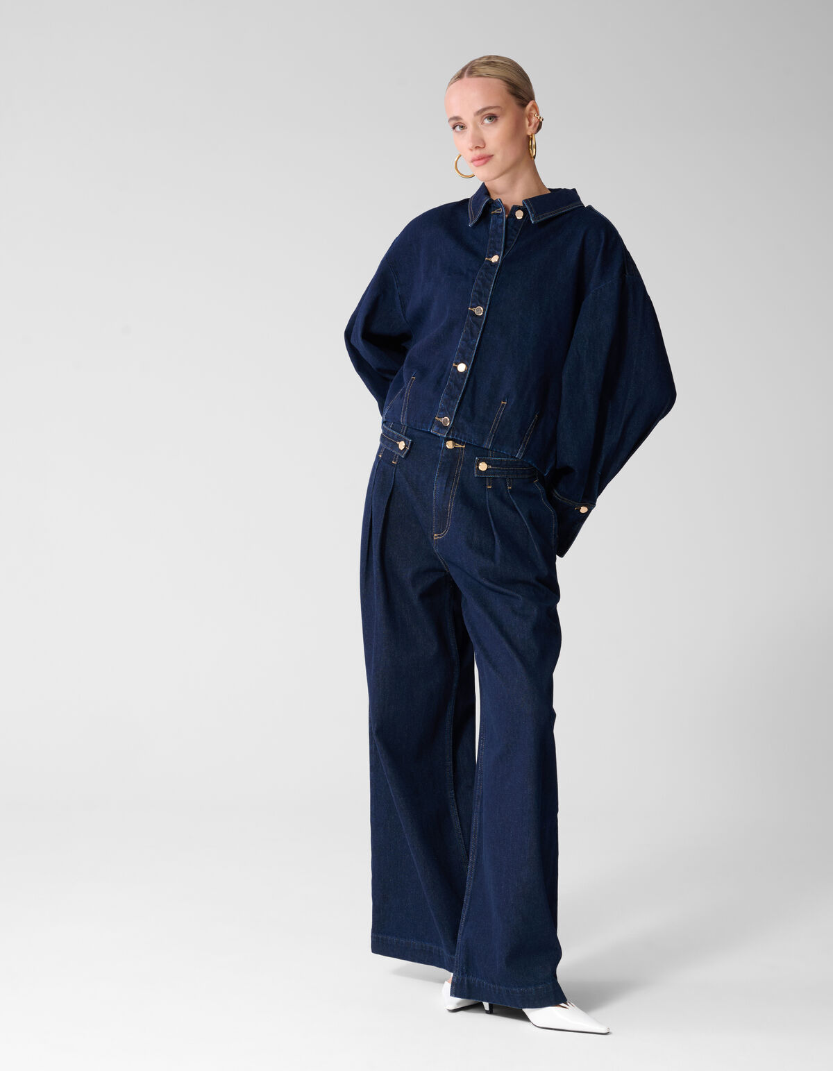 Pleated Button Wide Leg Fit Jeans Donkerblauw
