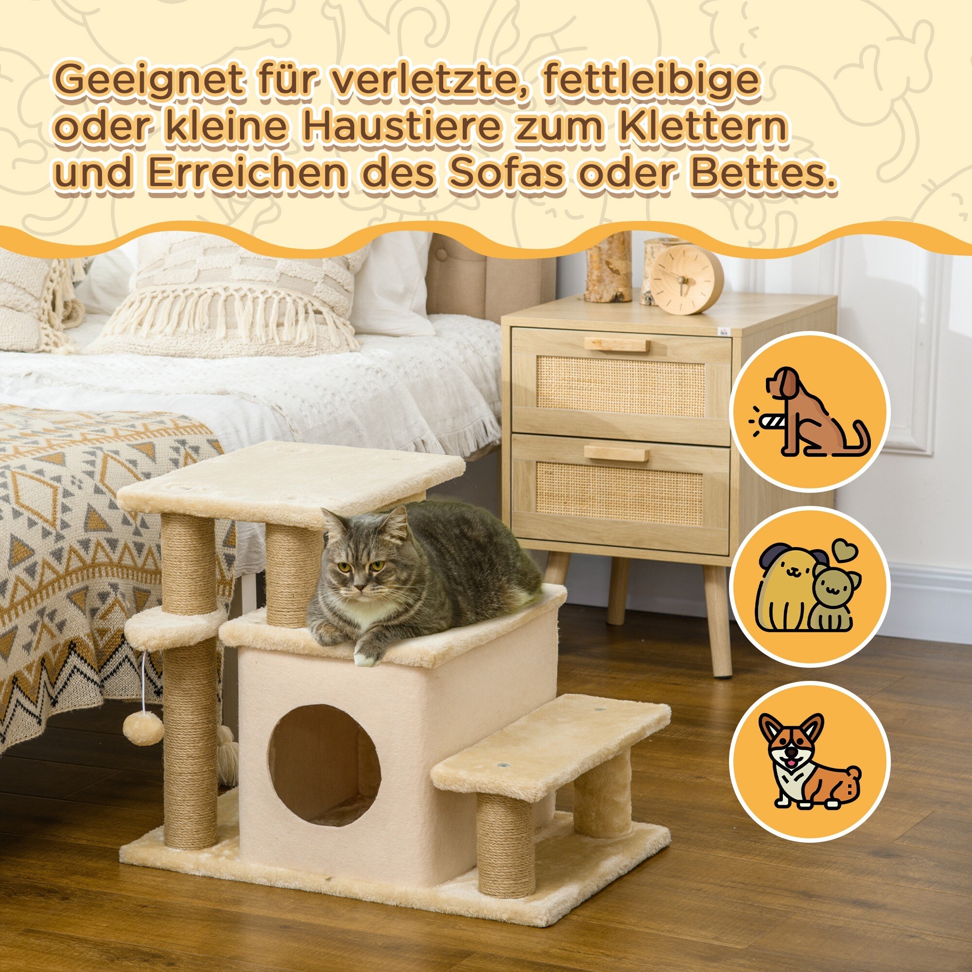 PawHut Hundetreppe mit Hütte beige 60L x 40B x 66H cm