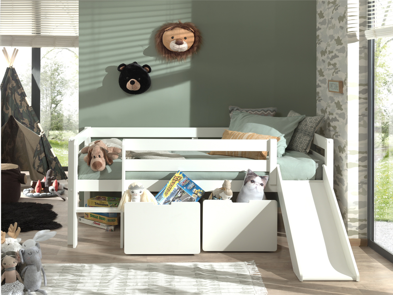 Kojen-Spielbett - weiß - Leiter - Schubkästen - Rutsche - 90x200 cm
