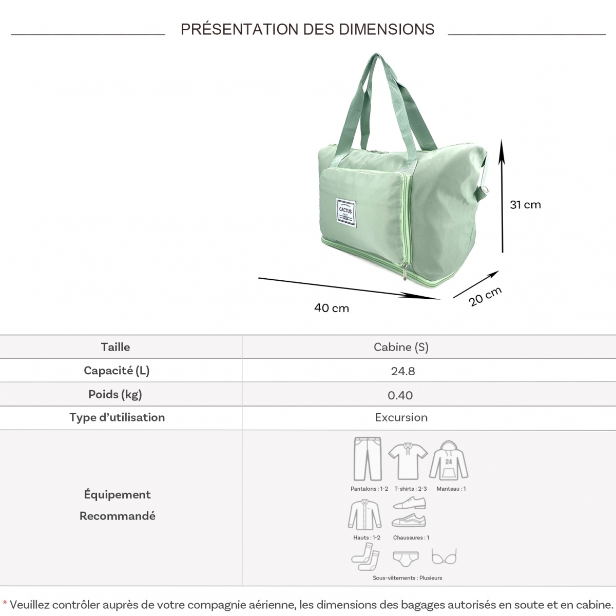 Cactus Sac de voyage week-end 24L pliable et extensible déperlant Cactus sans roulettes
