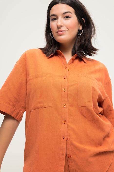 Leinenmix-Bluse, oversized, Hemdkragen, Halbarm