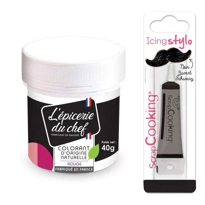 Colorant alimentaire naturel Rouge 40 g + Stylo glaçage noir Scrapcook