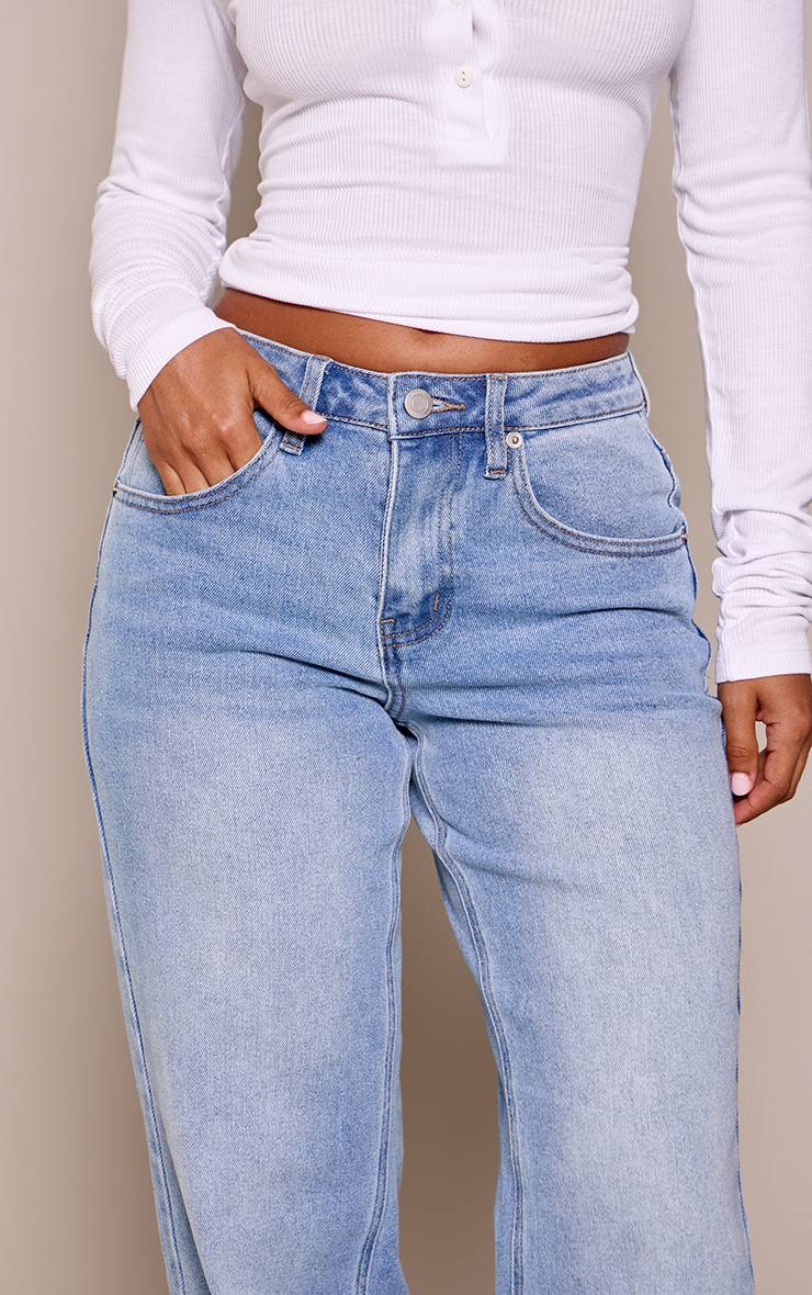 Mid Blue Wash Jean Droit Taille Haute Stretch Bleu Moyen Petite
