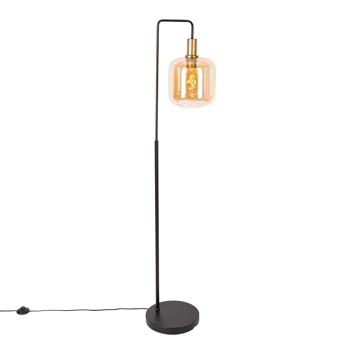 Design vloerlamp zwart met messing en amber glas - Zuzanna