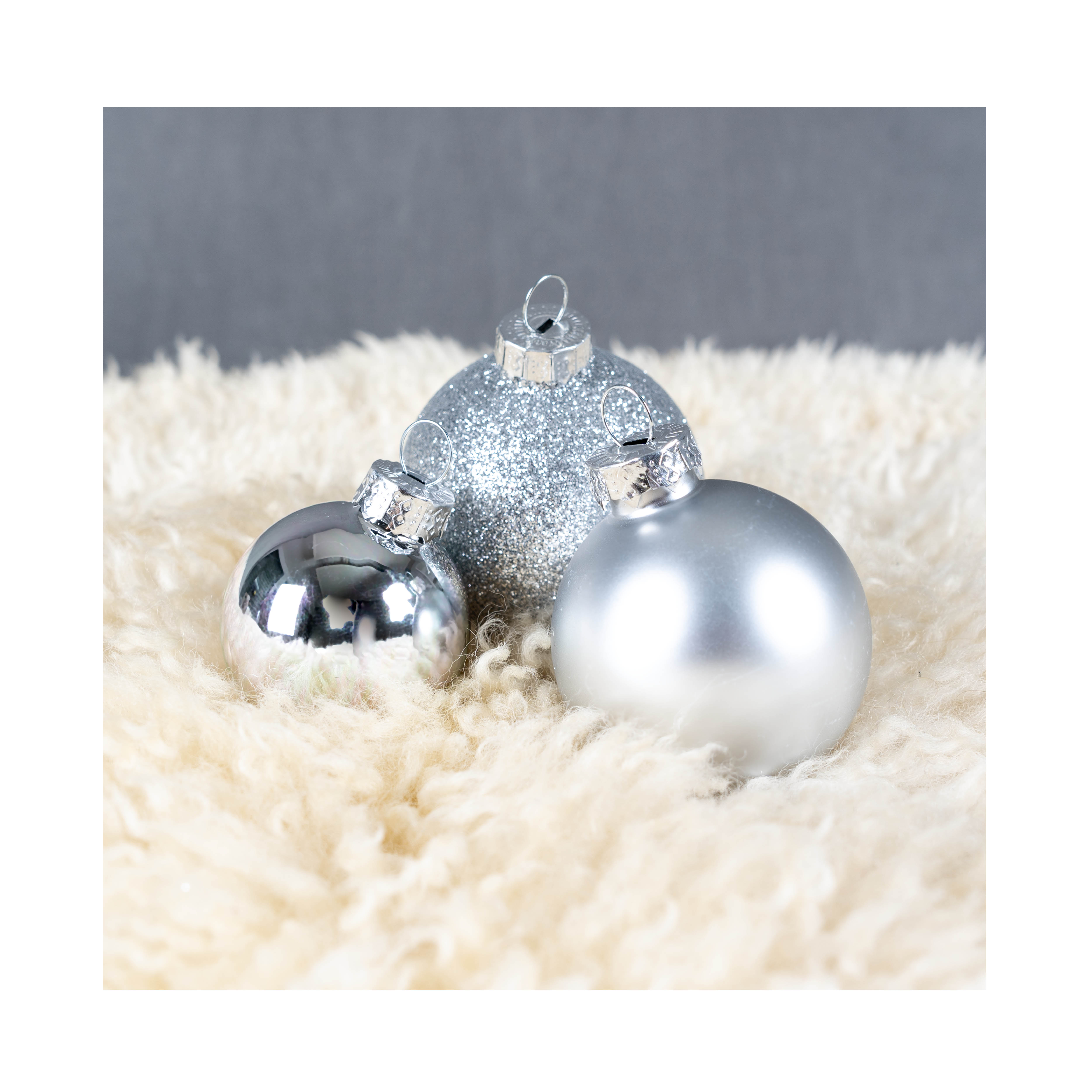 FS-STAR 34 Stück Glas Weihnachtskugeln Set silber, Kugeln Ø 40/50/60mm