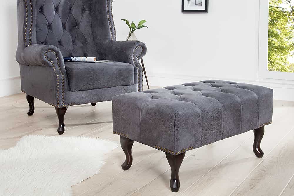 Edler Chesterfield Fußhocker antik grau Microfaser mit Knopfheftung und Nietenbesatz