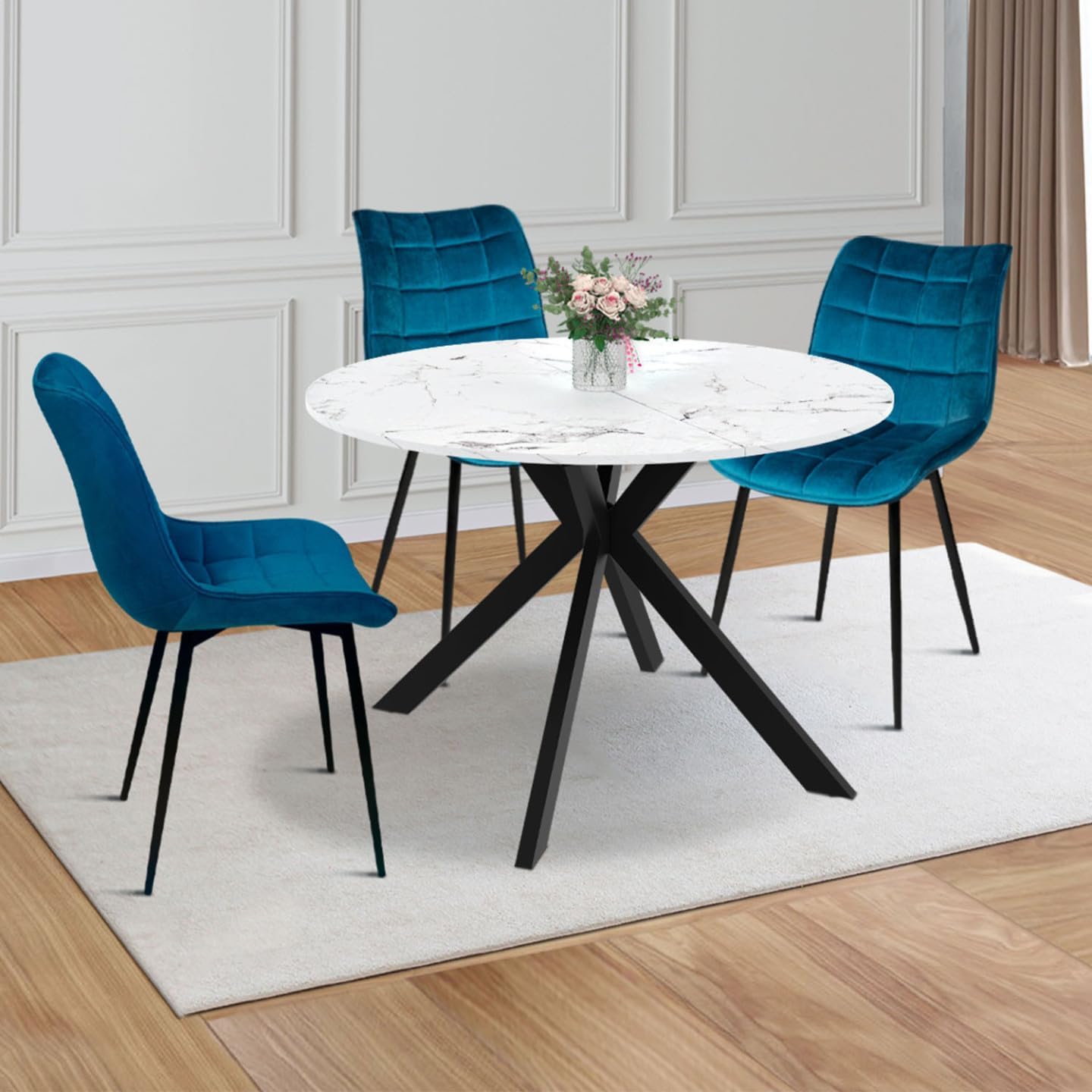 IDMarket - Table à Manger extensible Ronde ALIX 4-10 personnes pied araignée Noir et Bois Effet marbre Blanc Alaska 110-200 cm