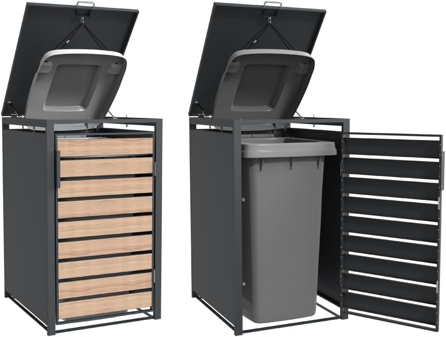 Westmann Metall Mülltonnenbox Lacina 6x240 L Anthrazit Holzoptik Mülltonnen Verkleidung mit Gasdruckfedern Pulverbeschichteter Stahl Wetterfest & stabil Klappdeckel & Fronttüren