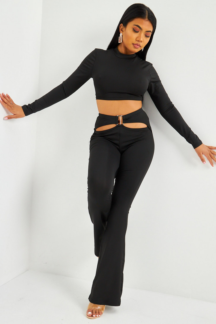 Ensemble noir Crop top + pantalon ajouré à la taille