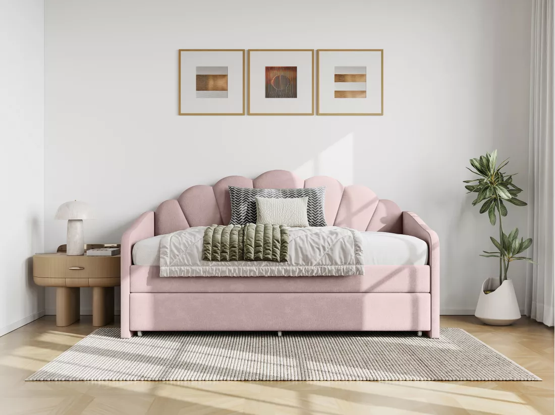 Lit gigogne coquillage 2 x 90 x 190 cm - Velours - Rose - ELUSIA