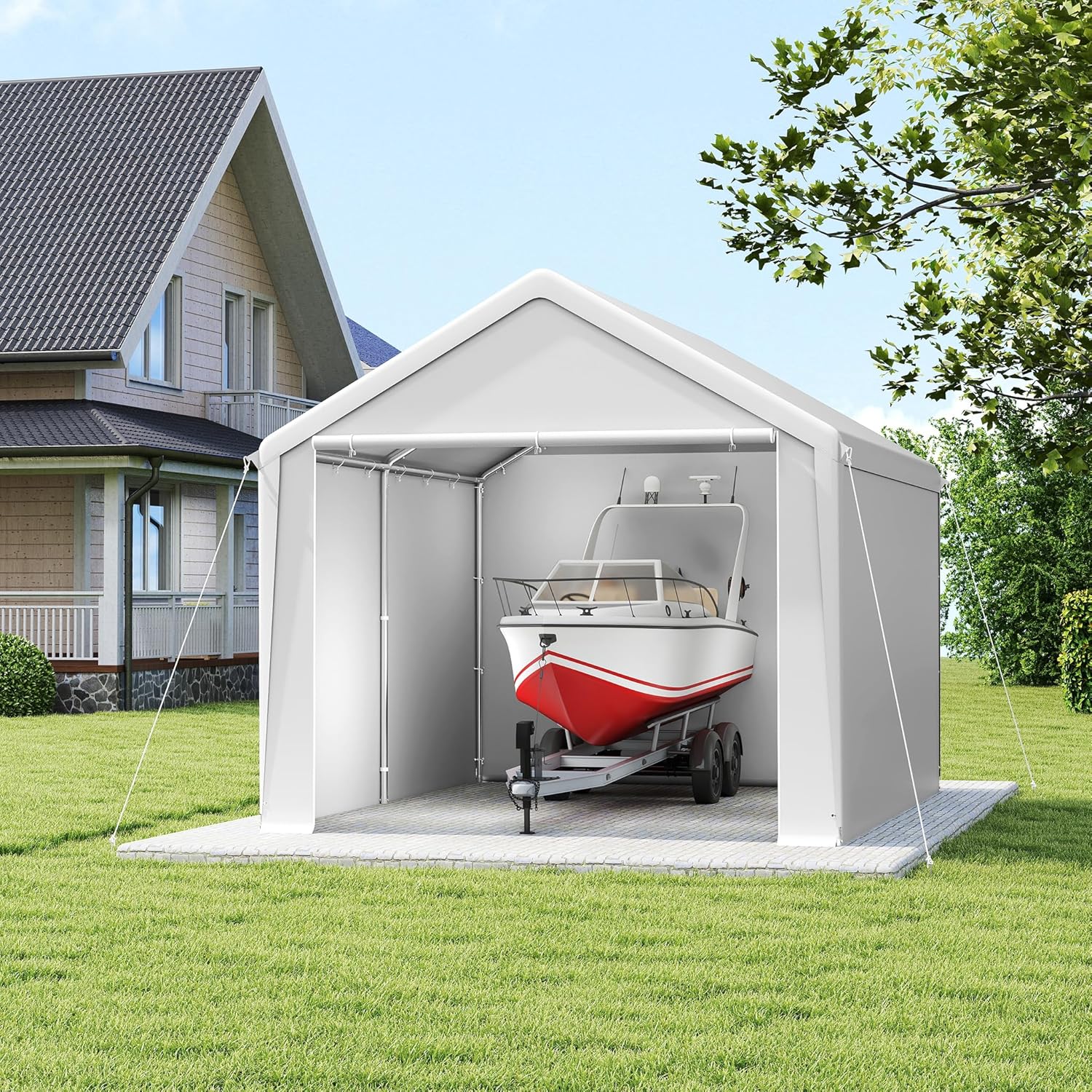 Aufun Carport Zeltgarage 3x4m, Wasserdichtes Lagerzelt mit PE-Dach, Reißenresistenter Garagenzelt mit abnehmbaren Seitenwänden, UV-beständig Winterfest Unterstand für Auto, SUV, LKW, Boot, Weiß