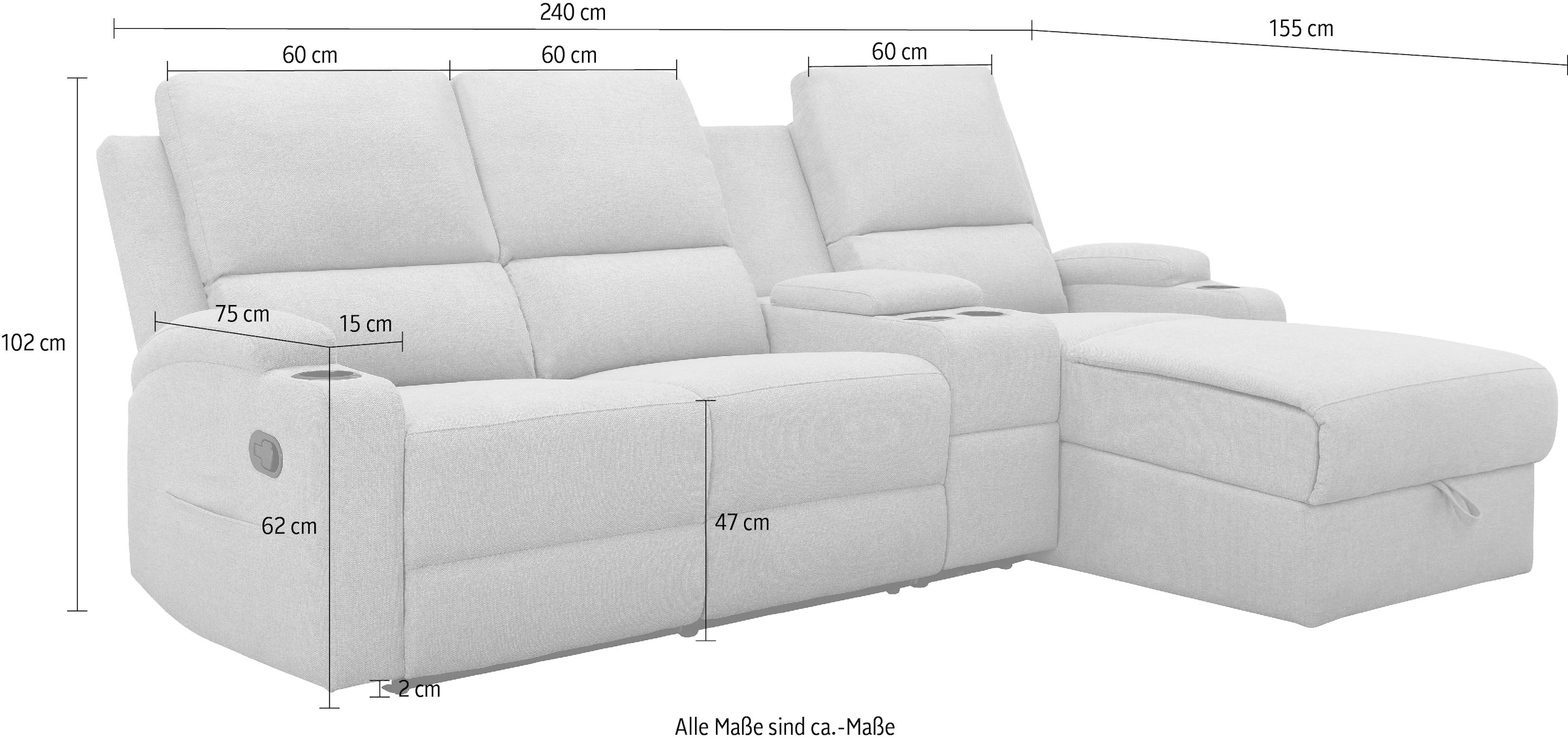 Home affaire Ecksofa »NAPORI Multimediasofa, 3er Kinosessel XXL, L-Form, 3 Bezugsstoffe« Kinosofa mit Relaxfunktion, Getränkehalter, Staufach und Staukasten