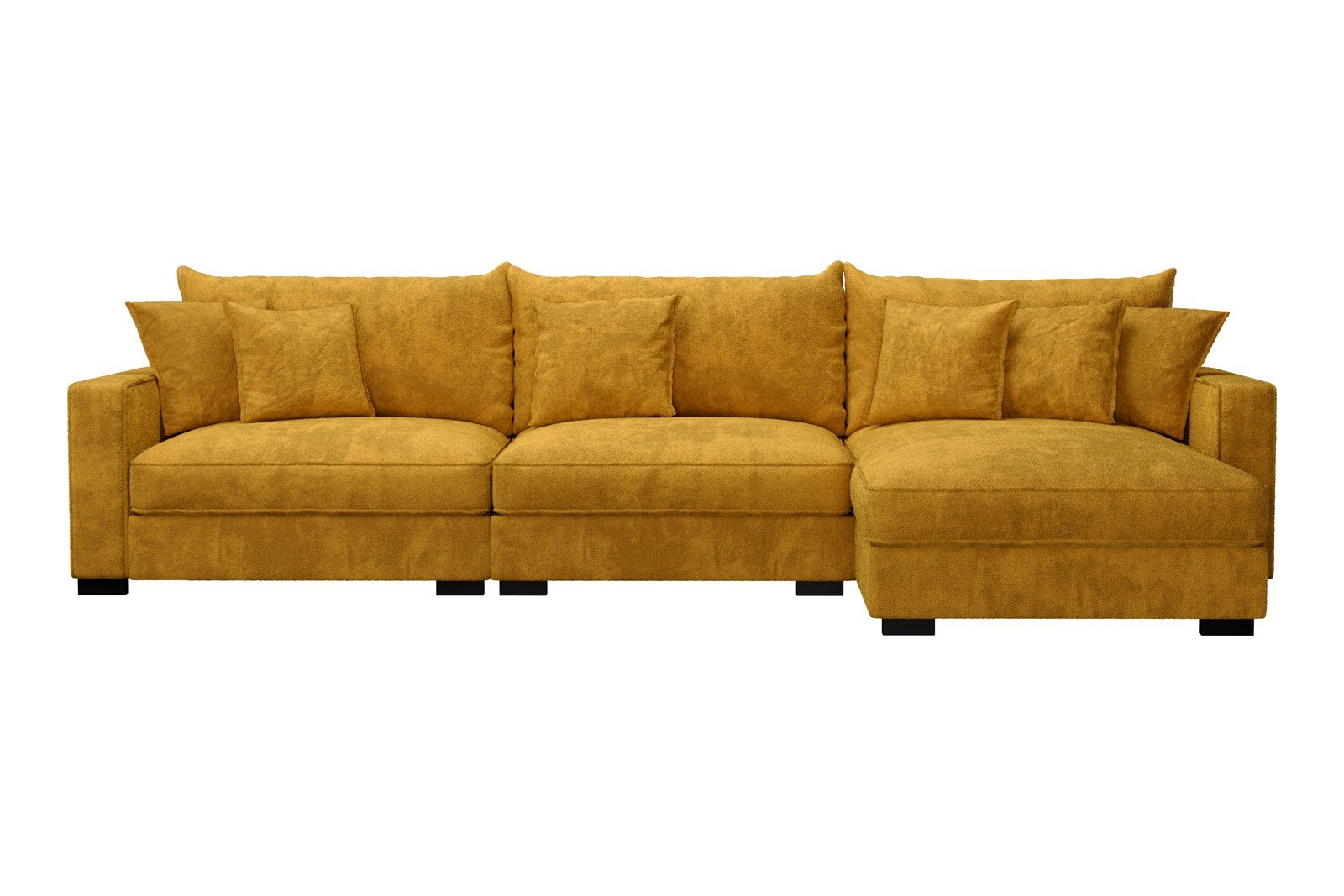 Rossi Lux 3-seter med sjeselong venstre Tekstil Genesis 10 Golden Yellow, arm B med sorte ben. Lux Komfort.