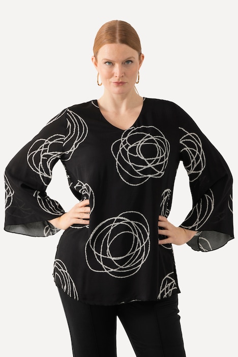Shirtbluse, doppellagig, Scribbles, V-Ausschnitt, Langarm