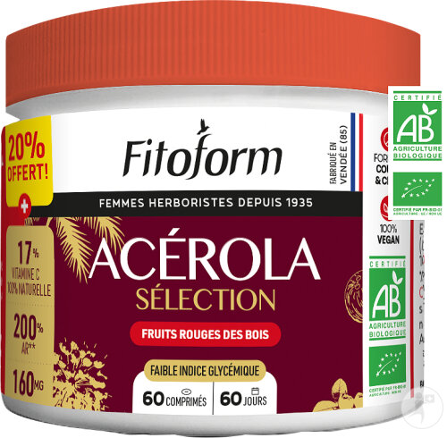 Fitoform Acérola Bio Au Sucre De Coco -Riche En Vitamine C 60 Comprimés À Croquer