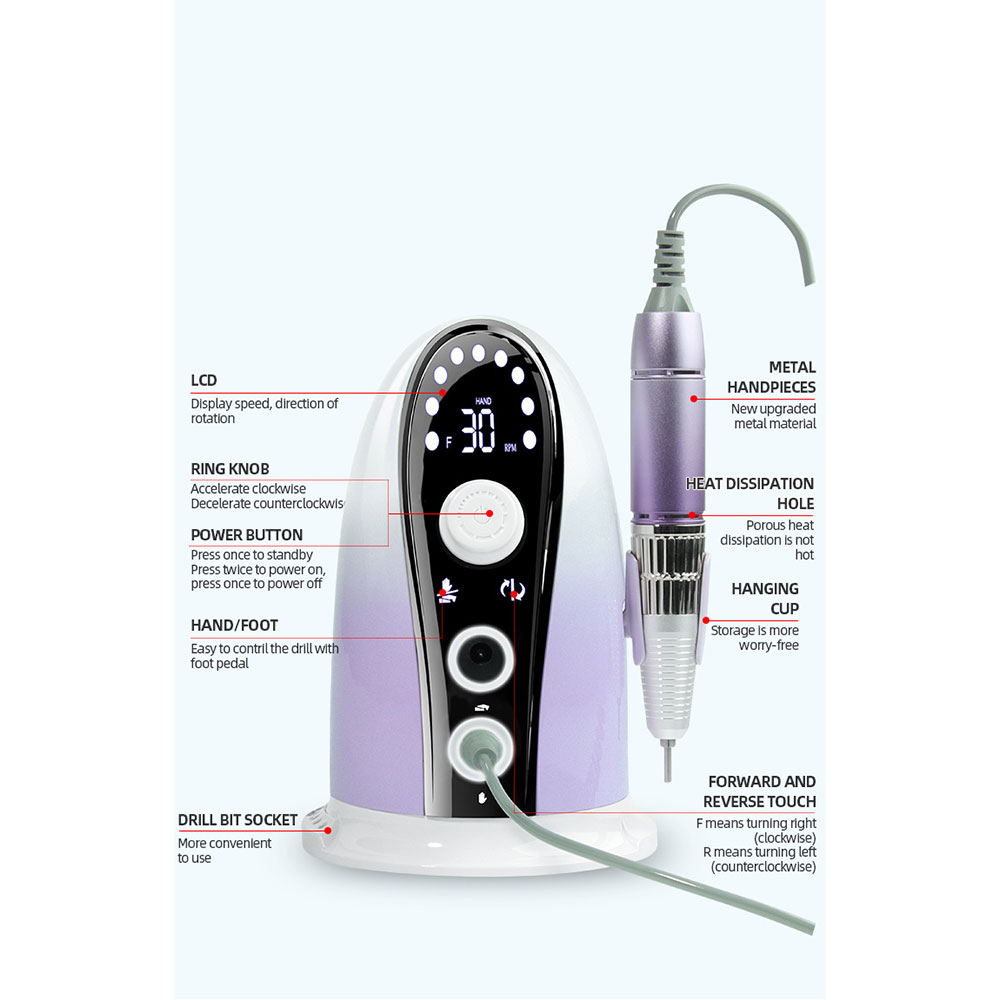 (7-tlg. Set) Elektrische LCD Nagelfräse Nagelfeile Polierwerkzeug mit 4 Aufsätzen   Pedale - Weiss / Lila