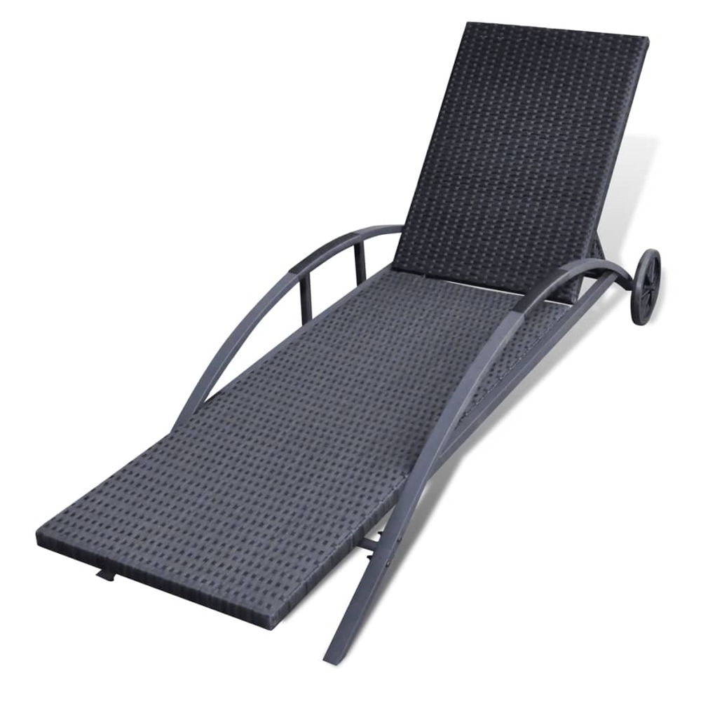 Transat chaise longue bain de soleil lit de jardin terrasse meuble d'extérieur avec coussin et roues résine tressée noir 02_0