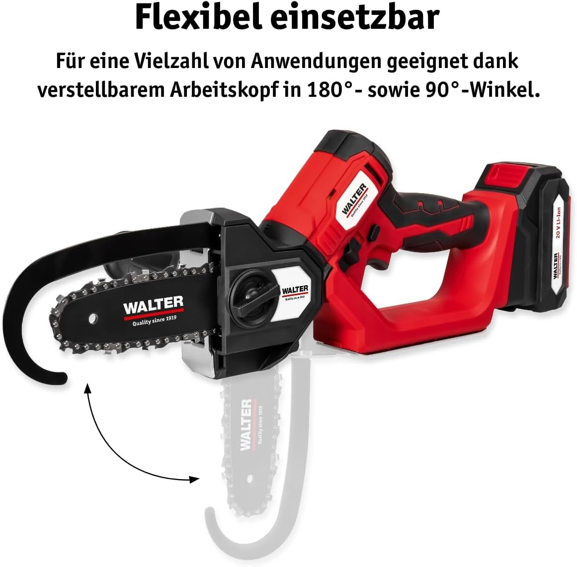 WALTER Akku-Kettensäge & Stichsäge 2-in-1 20V Li-Ion Bürstenloser Motor, schwenkbarer Kopf, 120 mm Schnittleistung Rückschlagschutz & Soft-Grip Für Holz Äste Baumzuschnitt | Akku & Schnellladegerät