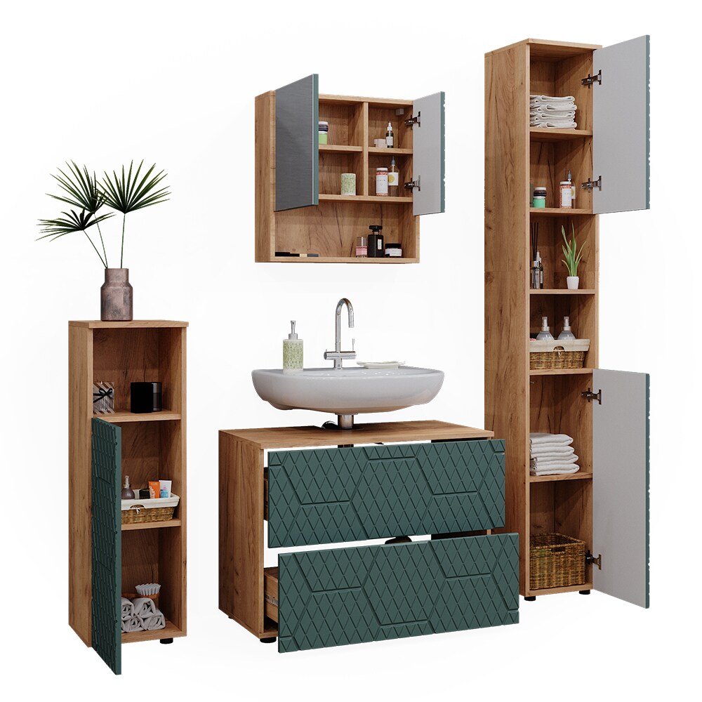 Vicco Badmöbel-Set Irma Eiche Grün 4-teilig Hochschrank Midischrank 95 cm