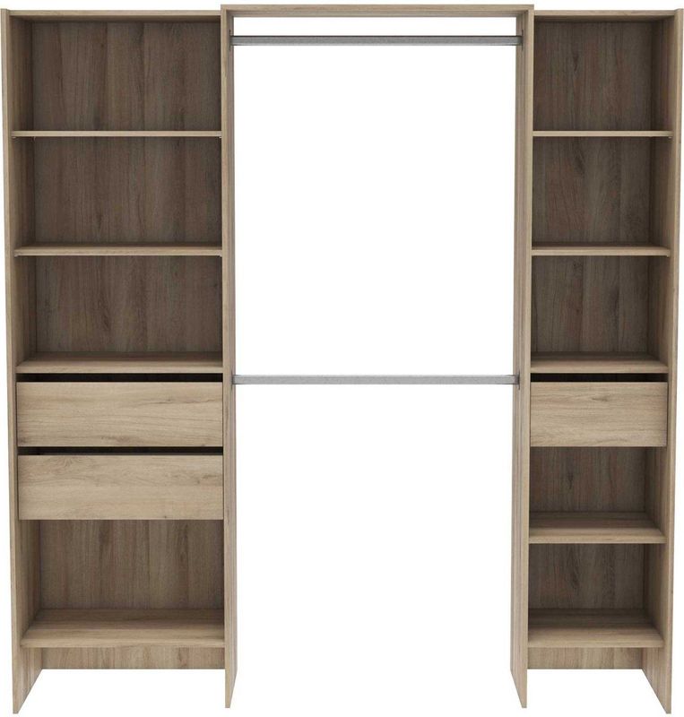 Kleerkast Mimi - Bruin - Spaanplaat - 7 Legplanken, 3 Lades, 2 Kledingroedes